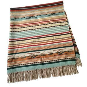 Pendleton 100% Wool Chimayo Throw Blanket Harvest Tan/Turquoise Southwest USA
